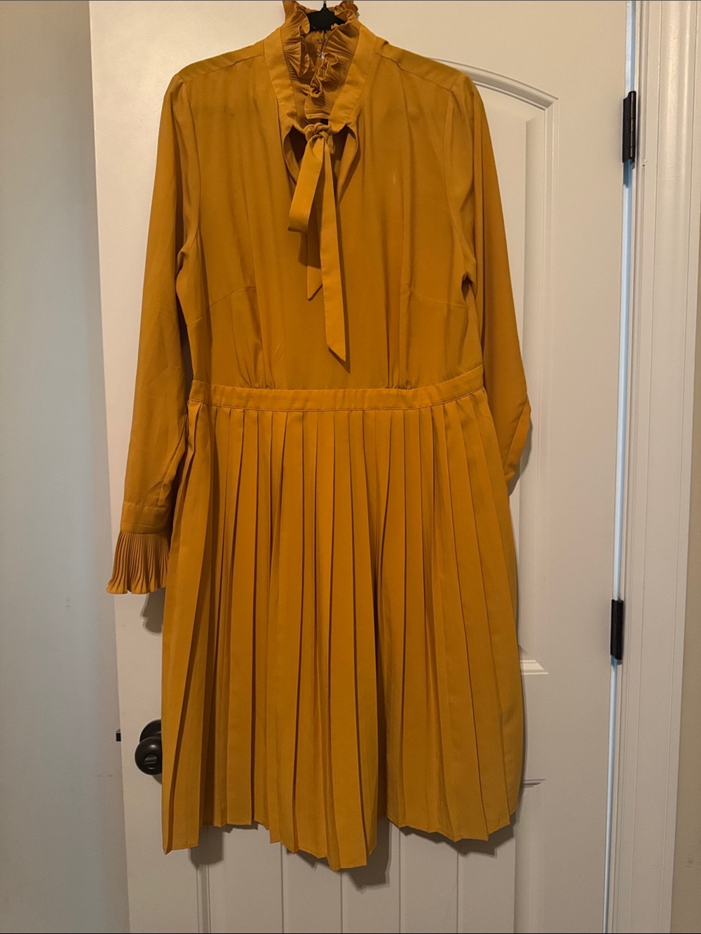 Mustard Pleated Long-Sleeve Tie-Neck Dress